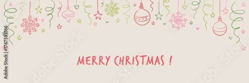 Merry Christmas and Happy New Year cute girly coquette background. Crayon, pencil, chalk doodle sketch drawing. Christmas tree bauble, snowflake, star, confetti. Cute line doodle illustration