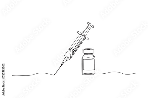 A clean line art illustration of a syringe and a vial, representing the vaccination process and healthcare. Ideal for designs related to medicine, health awareness, and medical services