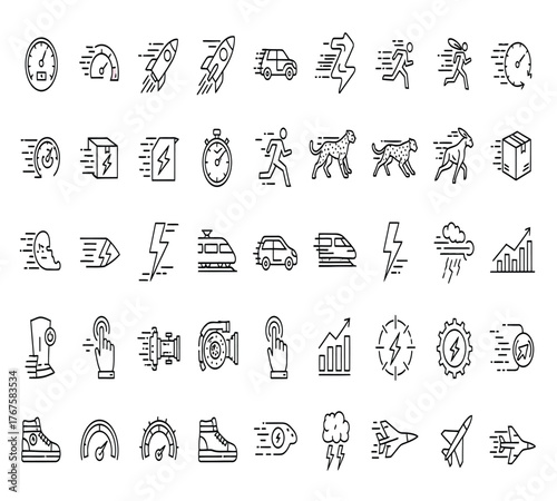 Collection of linear icons depicting speed, acceleration, and rapid movement isolated on white background, suitable for transportation and technology concepts