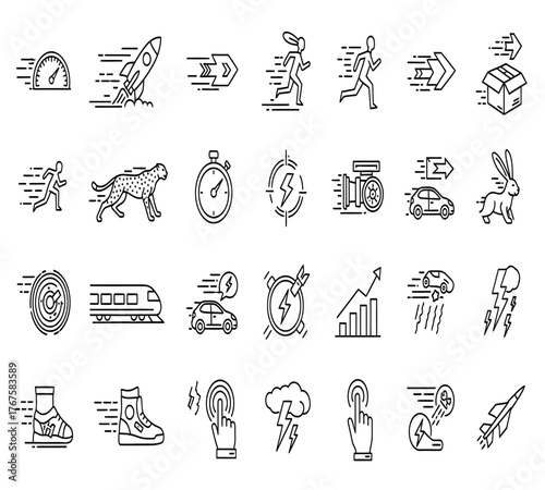 Collection of linear icons depicting speed, acceleration, and rapid movement isolated on white background, suitable for transportation and technology concepts