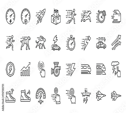 Collection of linear icons depicting speed, acceleration, and rapid movement isolated on white background, suitable for transportation and technology concepts
