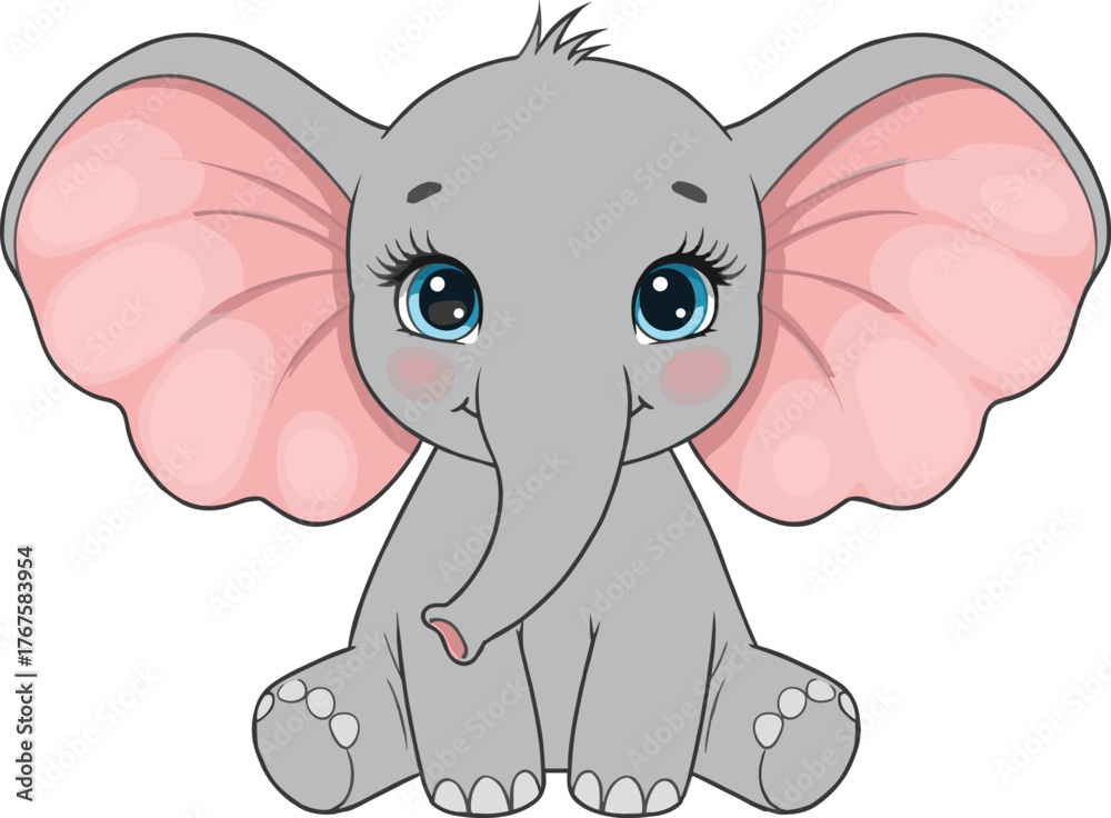 Fototapeta premium Cartoon baby elephant sitting with big eyes, adorable animal character illustration, children’s book artwork, playful design, cad drawing flat vector illustration