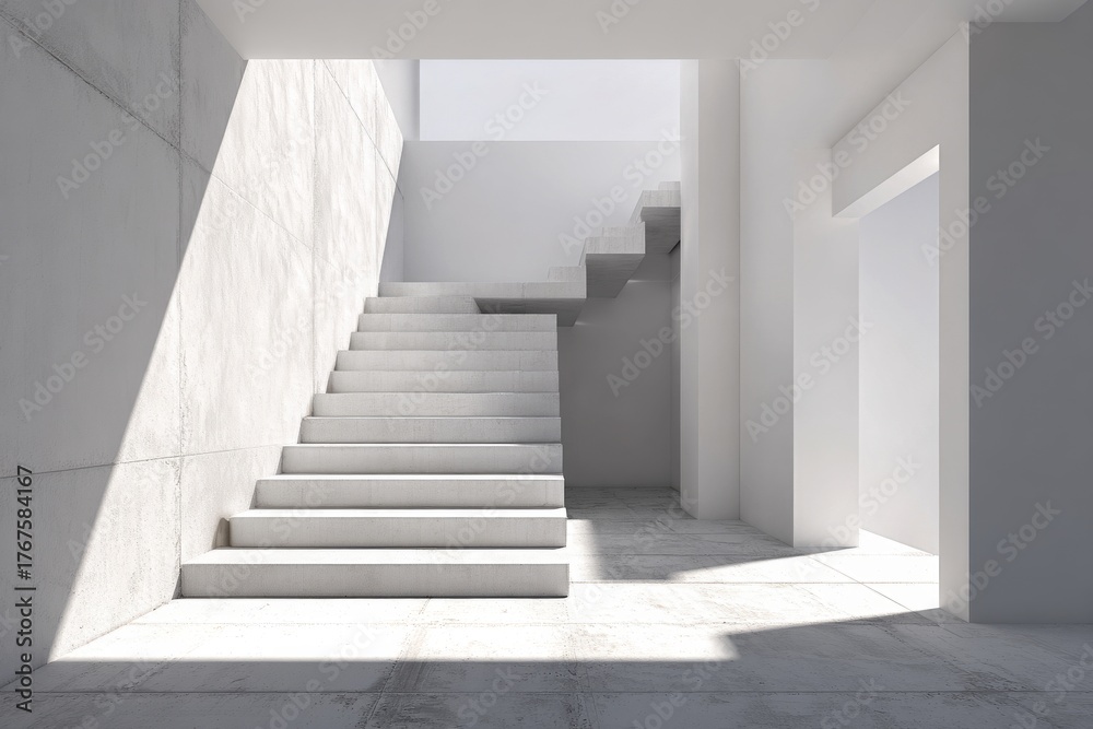 Fototapeta premium Modern Minimalist Staircase With Stark Shadows in Bright Interior
