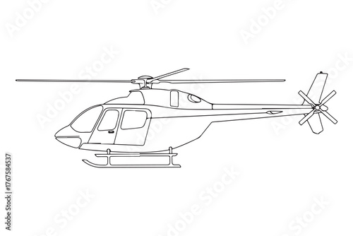 Minimalist black and white line drawing of a helicopter in side view. Ideal for aviation, travel, air transport, and engineering-themed designs, presentations, or infographics.