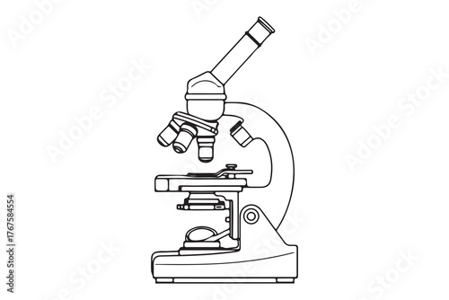 Black and white line drawing of a laboratory microscope in a minimalist style. Ideal for science, research, biology, education, and medical-themed designs, infographics, and presentations