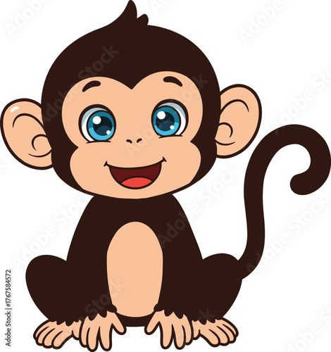 Cartoon baby monkey sitting with big eyes, cute primate character illustration, children’s book animal artwork, playful design, cad drawing flat vector illustration