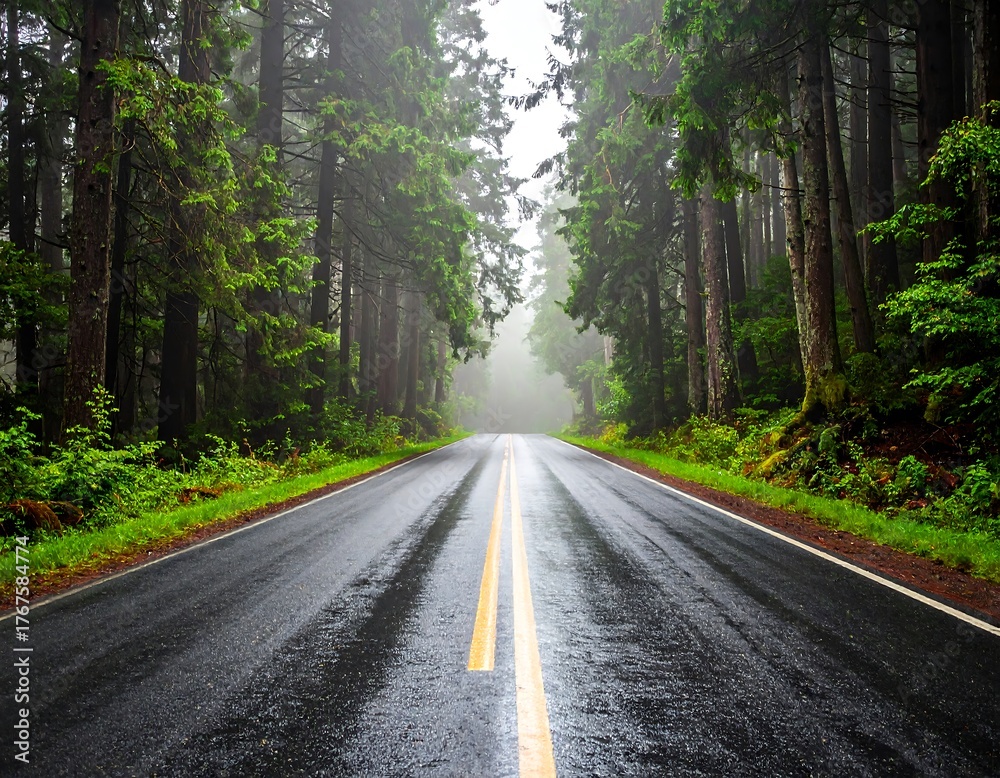 Fototapeta premium A wet, empty asphalt road disappears into a misty, green, old-growth forest with towering trees on either side