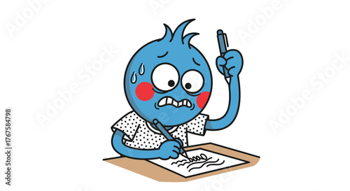 Cartoon illustration of a blue character sweating while writing with pens on paper