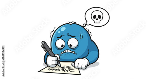 Anxious blue character wrestles with writer's block and creative process pressures