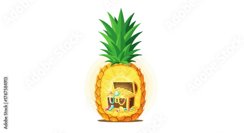 Hidden Treasure: A Pineapple's Secret Stash Full of Sparkling Gold and Jewels Isolated