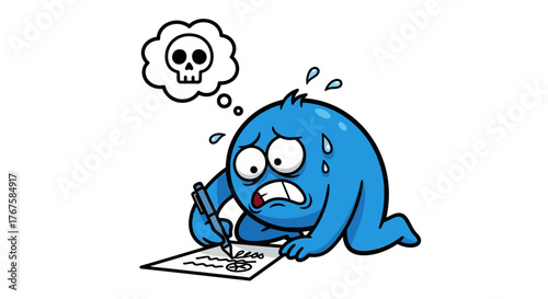 Desperate cartoon character facing a creative writing crisis and academic burnout expressing
