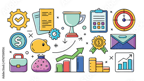 collection of icons representing various business items, including a briefcase, calculator, and graph..eps