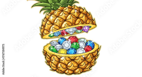 Exotic fruit containing gems: A tropical treasure chest bursting with vibrant jewels