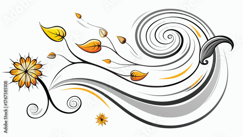 A drawing depicting a windy day with swirling leaves being blown through the air..eps