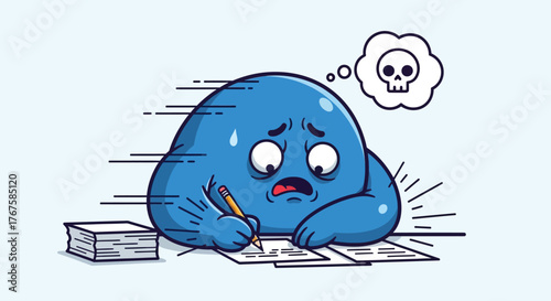 Cartoon blob overwhelmed with tasks and deadlines working frantically illustration