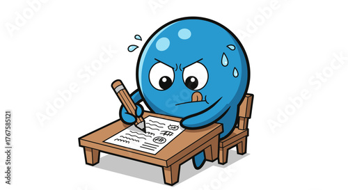 Blue cartoon character experiences test anxiety during a challenging exam situation