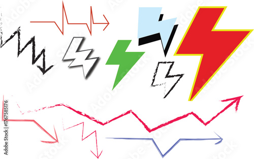 Collection of hand drawn lightning bolts and upward and downward trending arrows symbolizing energy and change