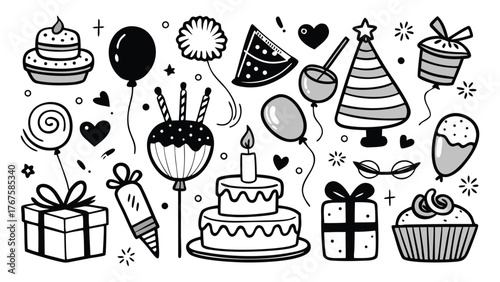 A colorful clipart set featuring birthday party elements like balloons, cake, and gifts..eps