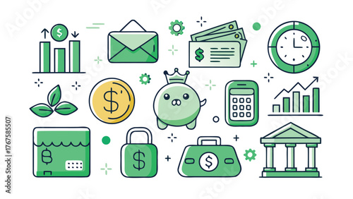 collection of icons representing different forms of currency, including coins, bills, and digital money symbols..eps