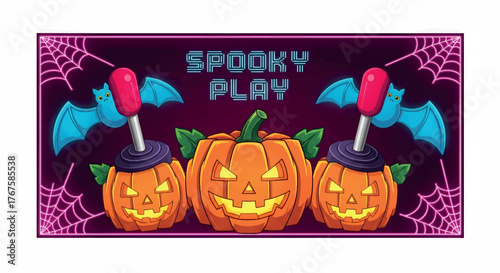 Spooky Play Halloween Game Design with Pumpkins, Bats, and Neon Web Details