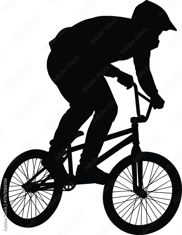 Fototapeta premium BMX rider silhouette, extreme sport action, bicycle stunt graphic, freestyle biking icon, urban cycling motion, youth sport energy, white background