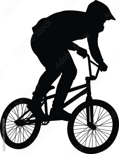 BMX rider silhouette, extreme sport action, bicycle stunt graphic, freestyle biking icon, urban cycling motion, youth sport energy, white background