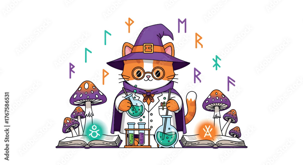 Naklejka premium Cartoon Cat Wizard Brewing Potions with Mushrooms and Runes Illustration