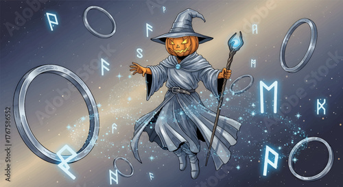 Halloween Wizard with a Pumpkin Head Casting Spells in a Mystical Setting