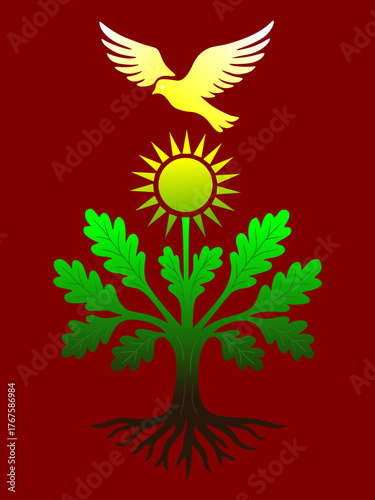 A symbol of life, harmony, and peace. An abstract symbolic drawing—a tree of life with spreading branches, a solar circle, and a flying dove at the top.