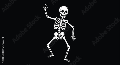 Cartoon skeleton illustration, dancing bones, funny skull pose, Halloween character, black background, spooky anatomy, playful skeleton art, educational clipart