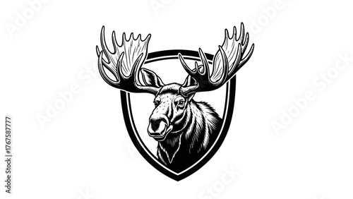 A detailed monochrome illustration of a moose with large antlers inside a shield shape