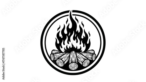 A black and white illustration of a campfire in a circle frame. Wood logs and flames