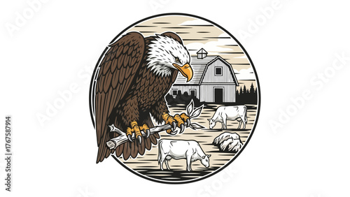 A detailed illustration depicts a Bald Eagle holding a branch in its talons, next to a rural farm scene