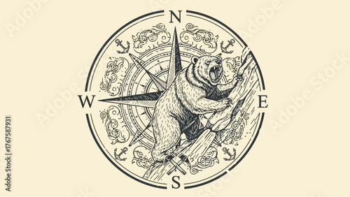 Black and white illustration of a bear inside a compass with ornamental details
