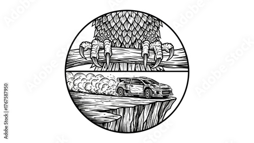 A black and white illustration of an eagle's claws perched above a cliffside car scene