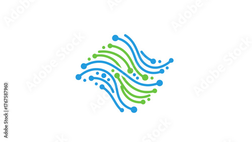 A geometric abstract illustration featuring curved lines and circles in shades of blue and green