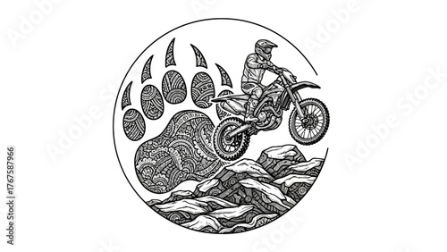 Black and white illustration of a motorcyclist jumping over rocks, surrounded by a paw print