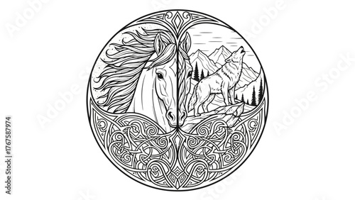 Intricate circular illustration features a horse and a wolf, with a background of mountains and foliage