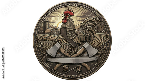 Bronze-toned medallion features a rooster in the foreground, farm scene backdrop, and tools
