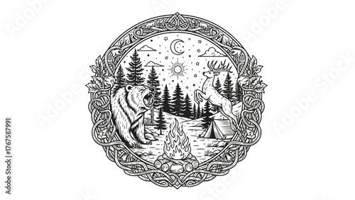 Intricate, circular black and white illustration depicts a campfire scene with forest animals