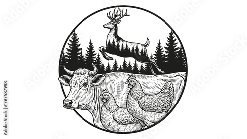 A black and white illustration of wildlife and livestock deer, cow, and chickens in a circular design