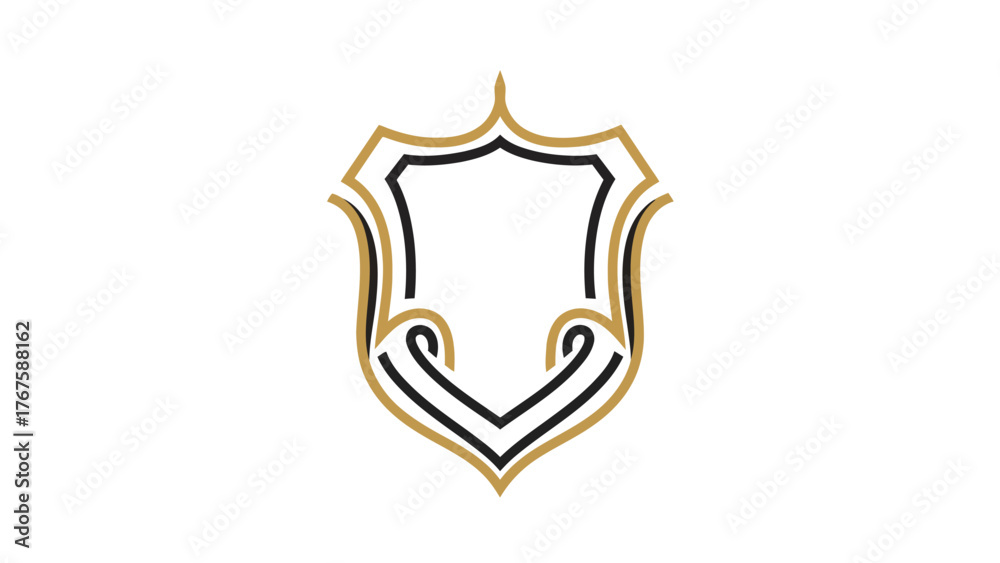Fototapeta premium Decorative emblem featuring shield shape with gold and black outlines on a white background