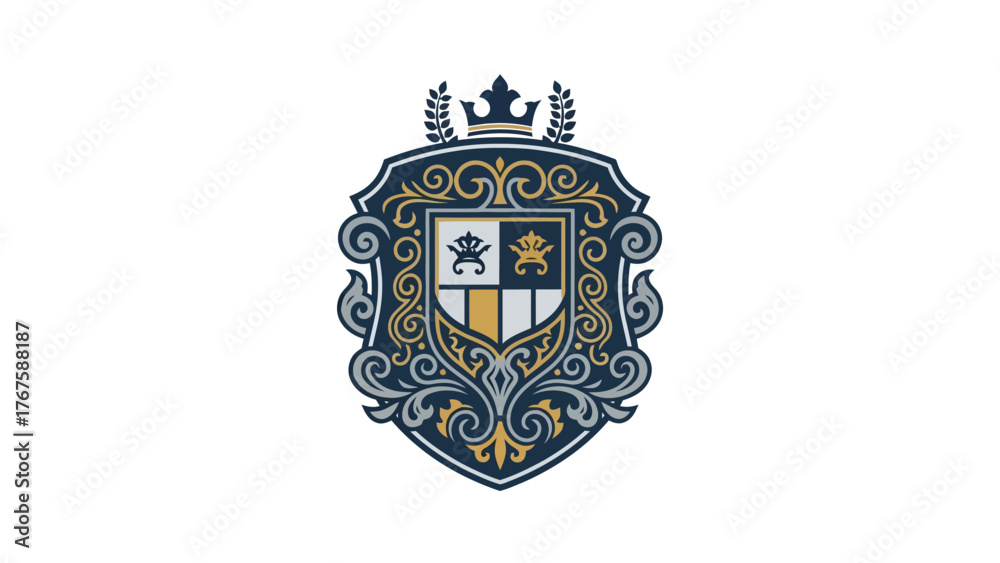 Fototapeta premium Intricate crest illustration features a crown, wheat, swirls, and a shield with crowns
