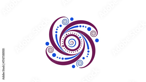 Abstract circular design with spiral motifs in shades of purple, blue, and white background