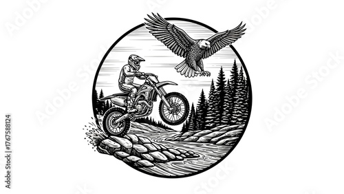 Black and white illustration of a motorcyclist jumping over water with an eagle in a circular frame