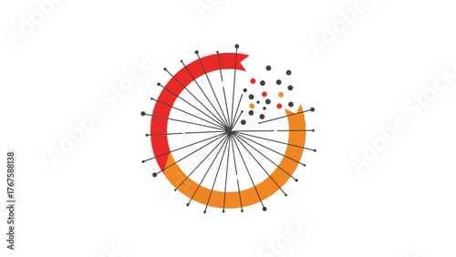 Abstract graphic depicts a partial circle divided into two colors, with radial lines and scattered dots