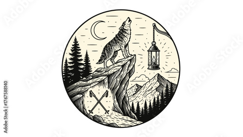 A monochrome illustration features a howling wolf on a mountain, lantern, moon, forest, and crossed axes