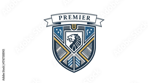 A heraldic emblem featuring a lion within a shield, banner with text on a white background