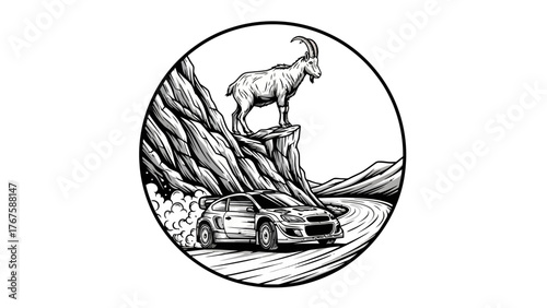 A black and white circular design. An animal atop a cliff, a car drifts on a winding road below