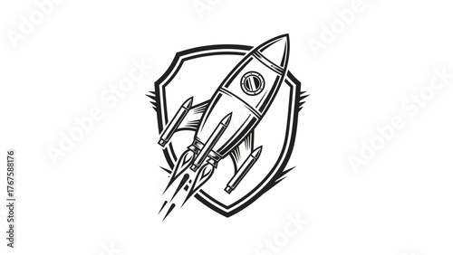 A black and white illustration of a rocket ship with stylized flames emerging from it, inside a crest